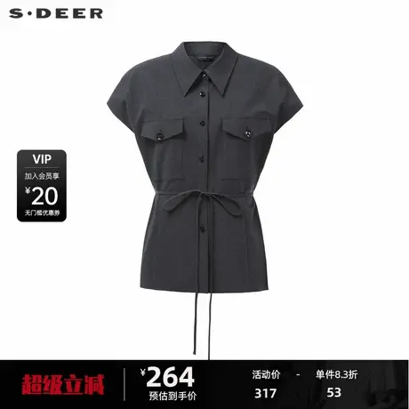 sdeer圣迪奥女装通勤风翻领收腰口袋短袖衬衫S24280427图片
