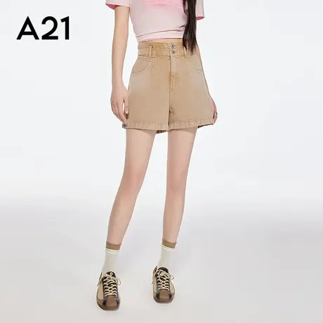 A21女装卡其松紧腰休闲短裤2025夏季新款简约裤子宽松显瘦直筒裤商品大图