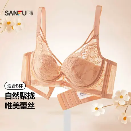 三福薄B杯记忆钢圈聚拢文胸 简约轻法式蕾丝提花内衣女503560商品大图