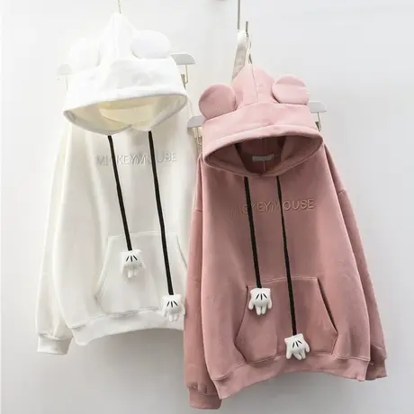 连帽卫衣女秋冬宽松韩版潮学生百搭加绒加厚上衣可爱耳朵日系外套商品大图