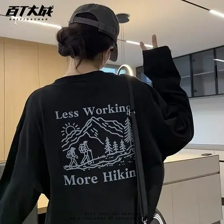 简约徒步登山设计感印花圆领卫衣男女春秋款户外情侣装运动上衣商品大图