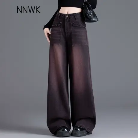 复古宽松阔腿牛仔裤女2025新款黑红色裤子春秋季遮胯显瘦直筒长裤商品大图
