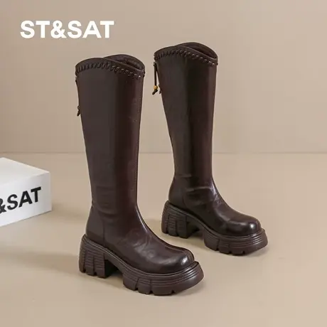 St&Sat/星期六厚底加绒骑士靴女秋冬英伦风长筒靴百搭显瘦马丁靴图片