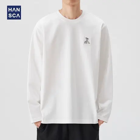 hansca 260g重磅圆领长袖t恤男秋季2025新款宽松纯棉刺绣白色上衣商品大图