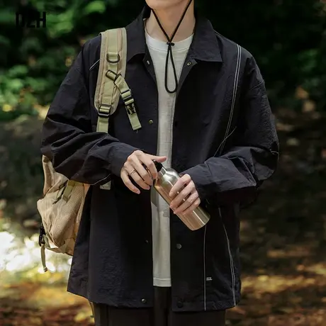 男士黑色衬衣外套男春秋潮高级感翻领教练夹克衫休闲工装衬衫上衣商品大图