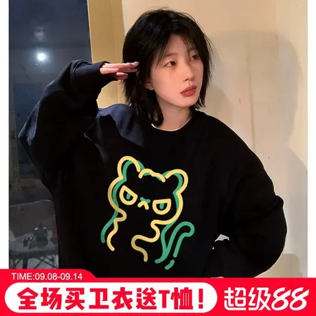 美式学院风黑色卫衣女宽松小众设计感潮牌卡通印花秋冬加绒款上衣商品大图