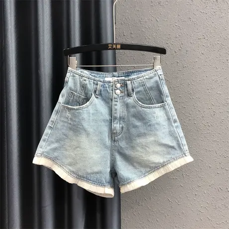 港味阔腿遮胯显瘦设计感高腰a字热裤女夏新款个性撞色牛仔短裤潮商品大图
