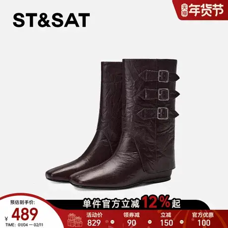 星期六骑士靴女皮带扣2025新款秋冬中筒方头机车靴欧美风真皮靴子图片