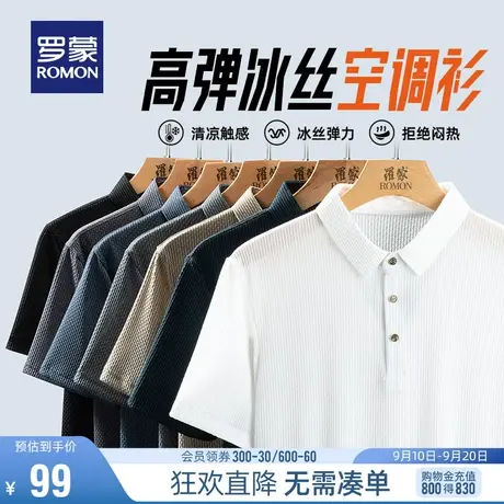 【冰丝无痕+华夫格】罗蒙男士高弹短袖Polo衫2023夏季透气T恤衫男商品大图