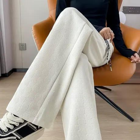 直筒针织阔腿裤女秋冬2023新款高腰阔腿垂感加绒加厚休闲棋盘格裤商品大图