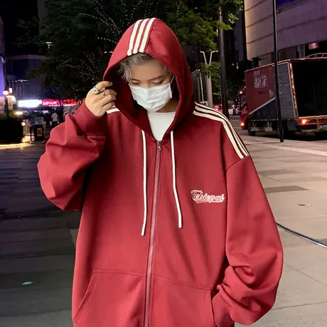 卫衣男国潮宽松美式高街秋冬季条纹运动连帽外套拉链开衫情侣上衣商品大图