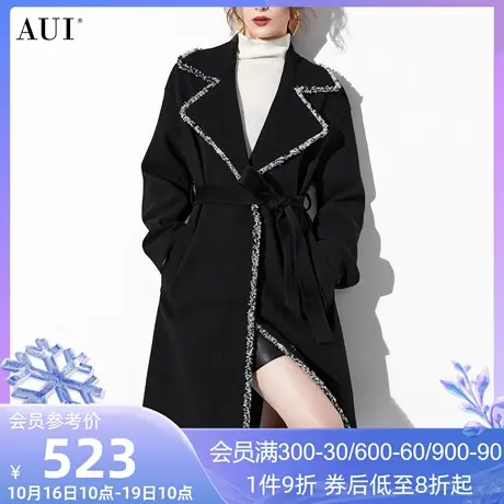 AUI黑色修身收腰毛呢外套女冬2023新款欧美设计感中长款呢子大衣商品大图