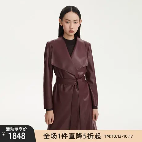 LANCY/悦朗姿秋季新款中长款翻领风衣宽松高级通勤皮衣女外套图片