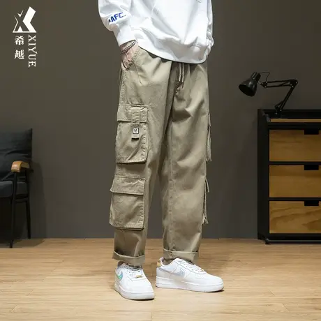 希越直筒休闲裤男士宽松大码潮牌多口袋纯棉工装裤秋冬加绒长裤子商品大图