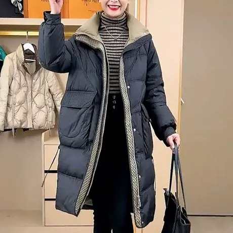 中长款拼色羽绒棉服女冬季2022新款宽松时尚洋气拉链棉衣外套上衣图片