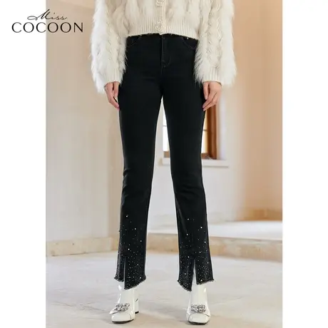 missCOCOON黑色牛仔裤女2023新款春秋高腰显瘦修身百搭开叉微喇裤图片