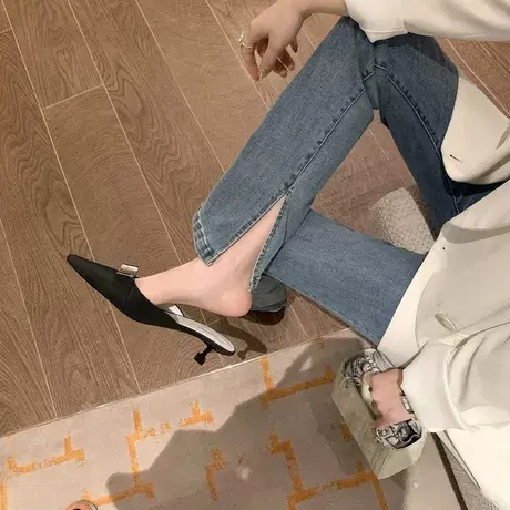 小金扣气质尖头浅口细高跟鞋女2023新款外穿包头半拖鞋中跟穆勒鞋图片