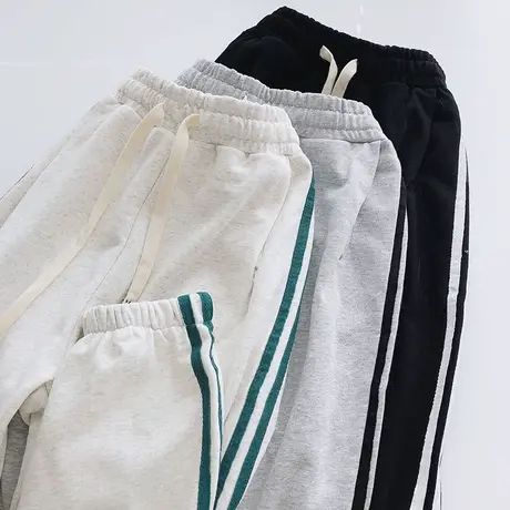 侧边条纹运动束脚卫裤女秋冬宽松高腰加绒加厚bf原宿风休闲阔腿裤图片