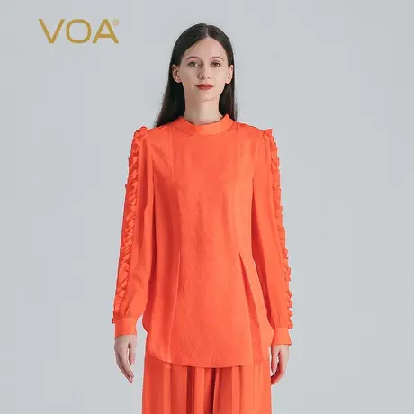 VOA橘红色暗纹提花桑蚕丝立领拼接乔其丝绸长袖宽松真丝套头T恤衫图片