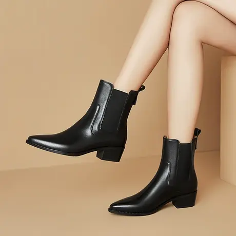 复古尖头头层牛皮切尔西短靴女秋冬粗跟真皮显瘦英伦风马丁靴短靴商品大图