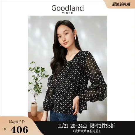 Goodland美地女装2023春季通勤印花设计感气质木耳花边衬衫商品大图