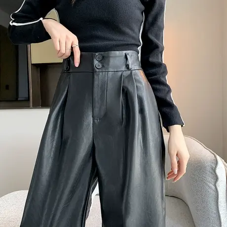 黑色高腰PU皮裤女2023秋冬新款宽松显瘦垂感辣妹百搭阔腿拖地裤子商品大图