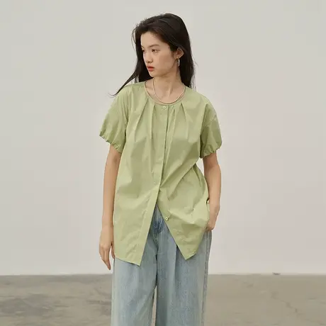 omont蛋挞家 复古圆领镂空短袖衬衫2023夏季新款宽松别致小众上衣商品大图