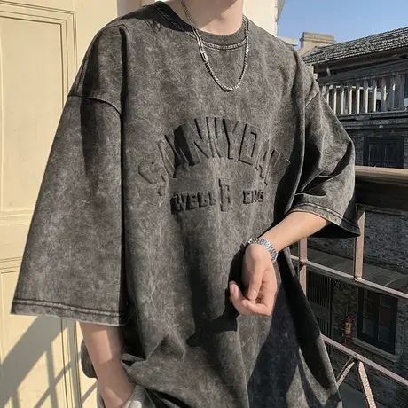 水洗做旧短袖T恤男夏季美式复古字母钢印设计感小众潮牌半袖上衣商品大图