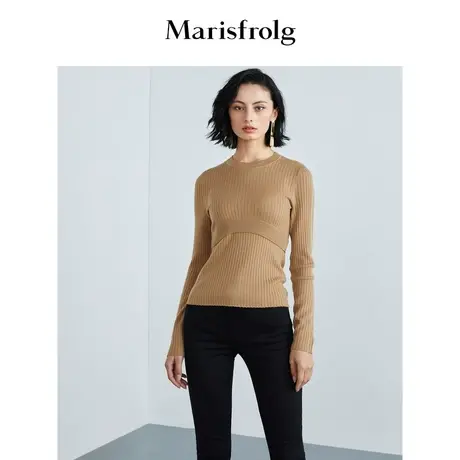【言选好物】玛丝菲尔冬季新款圆领毛衣女羊毛修身驼色针织衫商品大图