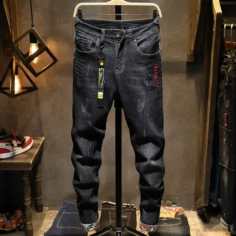 黑色刺绣牛仔裤男潮牌裤子男士韩版日系复古水洗休闲裤夏季款修身商品大图