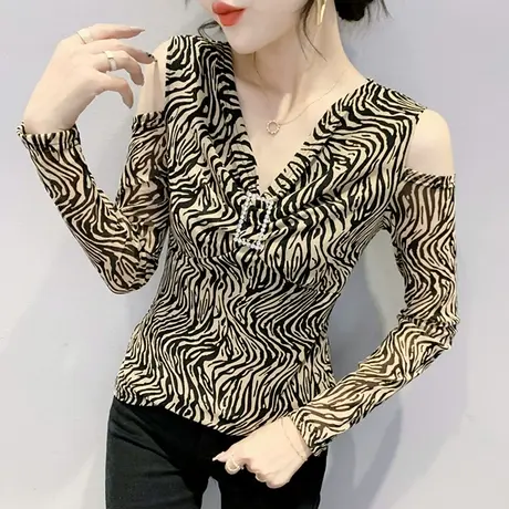 女装2023新款潮性感露肩T恤修身洋气上衣紧身内搭打底衫女长袖春商品大图