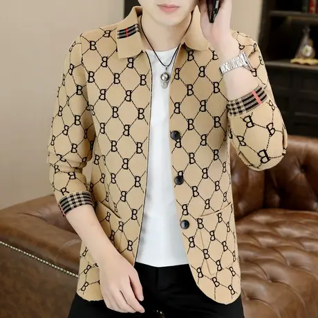 针织外套男潮牌ins韩版帅气春秋季男装翻领高端时尚格子开衫毛衣商品大图