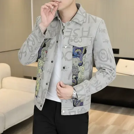 韩版个性拼接秋装高级感男士潮牌百搭外套短款潮流字母印花夹克衫商品大图