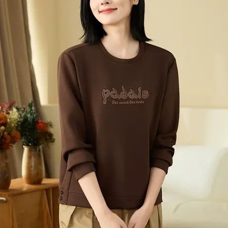 女士圆领正肩卫衣春秋季时尚洋气中年妈妈装上衣服百搭长袖套头衫商品大图