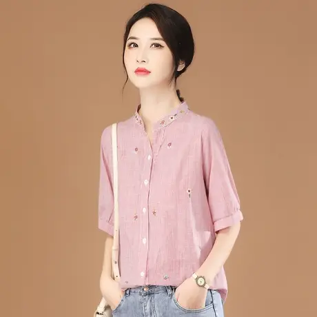 韩潮袭人文艺立领条纹短袖衬衫女2024夏新款刺绣衬衣设计感上衣薄图片