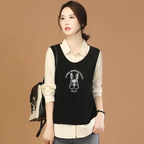 韩潮袭人假两件宽松字母刺绣卫衣女2023秋季新款休闲长袖T恤上衣图片