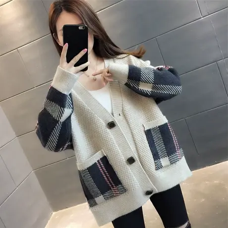 v字领扣针织开衫女2023春秋新款宽松慵懒风外穿上衣外搭外套百搭图片