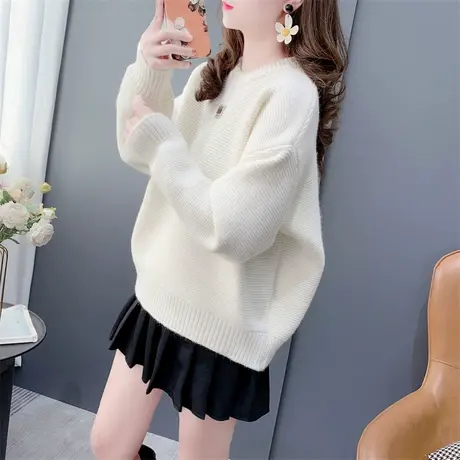 短款小个子纯色圆领毛衣女套头秋冬新款宽松洋气百搭超火针织上衣图片