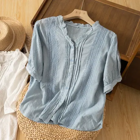 享永子短袖刺绣全棉衬衫女木耳边领气质文艺复古上衣2023夏季新款商品大图