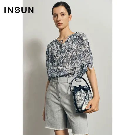 INSUN恩裳夏季绑带印花桑蚕丝雪纺衫图片