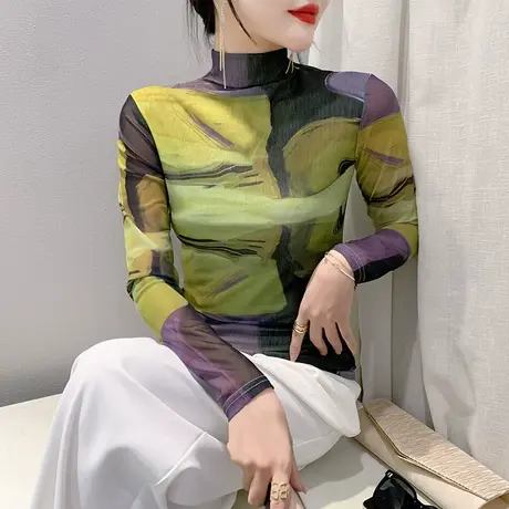 气质减龄半高领T恤女长袖性感网纱扎染印花上衣洋气修身显瘦小衫商品大图