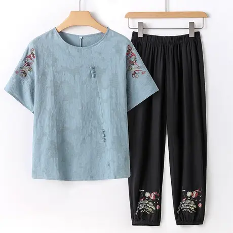 妈妈洋气夏装2023新款中老年女装棉绸套装民族风老人太太短袖上衣商品大图