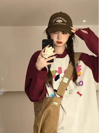 多巴胺穿搭酒红杏色插肩长袖t恤女夏季宽松显瘦洋气减龄上衣图片