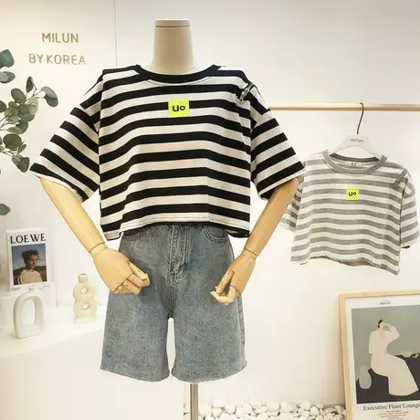 短款高腰上衣2021夏新款韩国东大门露肩条纹短袖T恤露脐宽松显瘦商品大图