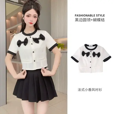 蝴蝶结短款衬衫女夏高级设计感小众法式纯欲温柔小香风短袖上衣商品大图