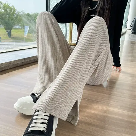 雪尼尔窄版阔腿裤女秋冬新款高腰宽松垂感显瘦直筒开叉针织休闲裤商品大图