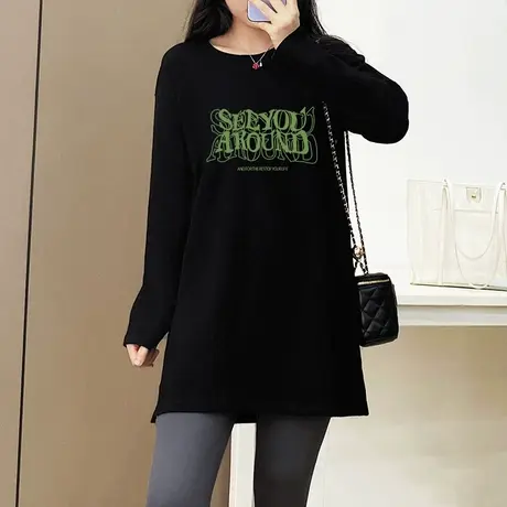 黑色打底衫中长款纯棉磨毛上衣2022秋装长袖t恤女韩版宽松内搭潮图片