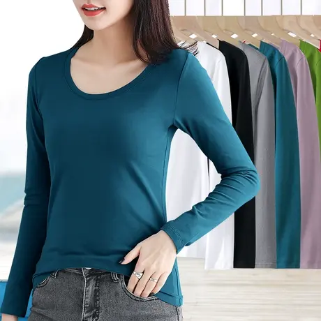 纯棉t恤女长袖打底衫春秋内搭2024新款修身显瘦弹力薄款圆领上衣图片