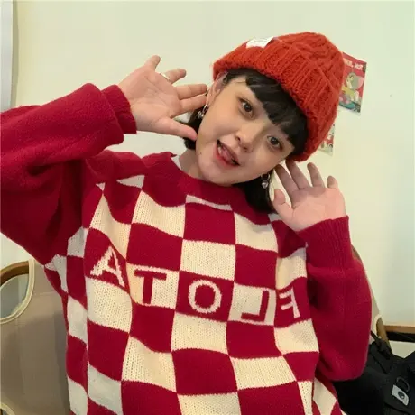 红续原创设计复古慵懒风棋盘格红色毛衣女vintage设计感小众上衣图片