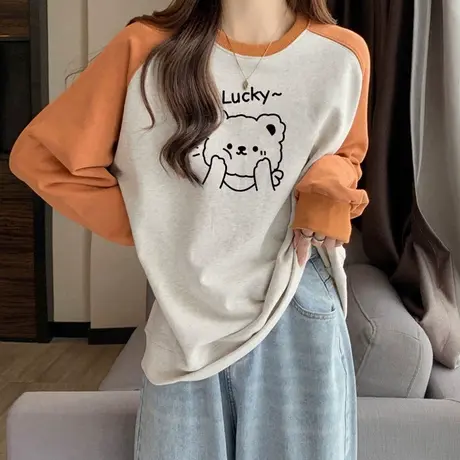 童趣风插肩袖卫衣女春秋冬装宽松显瘦加厚加绒保暖撞色长袖上衣服商品大图